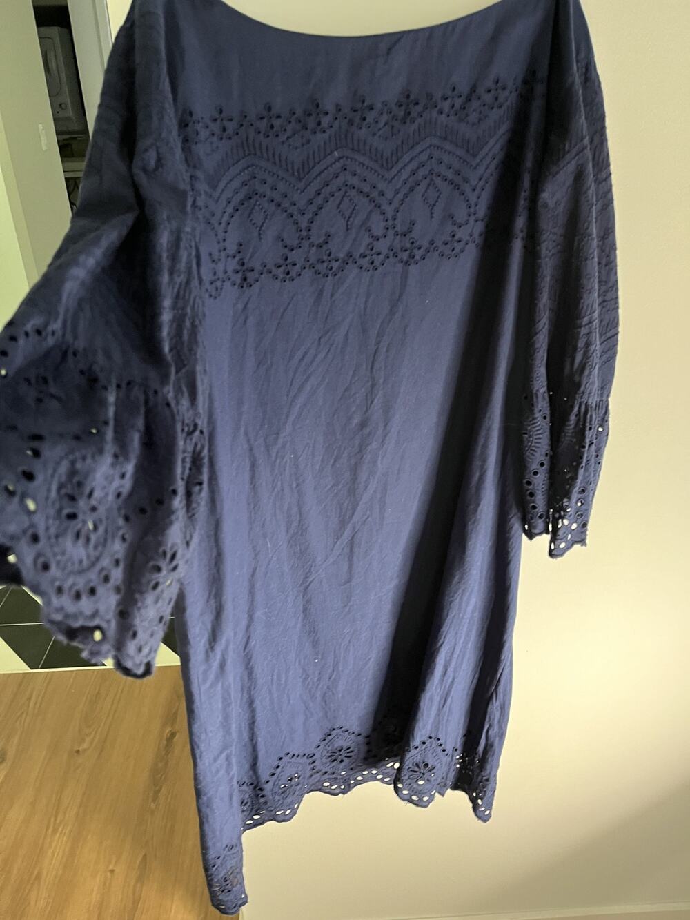 Loft Dress L Navy Cotton Shift Eyelet Trim Preppy Coquette Occasion